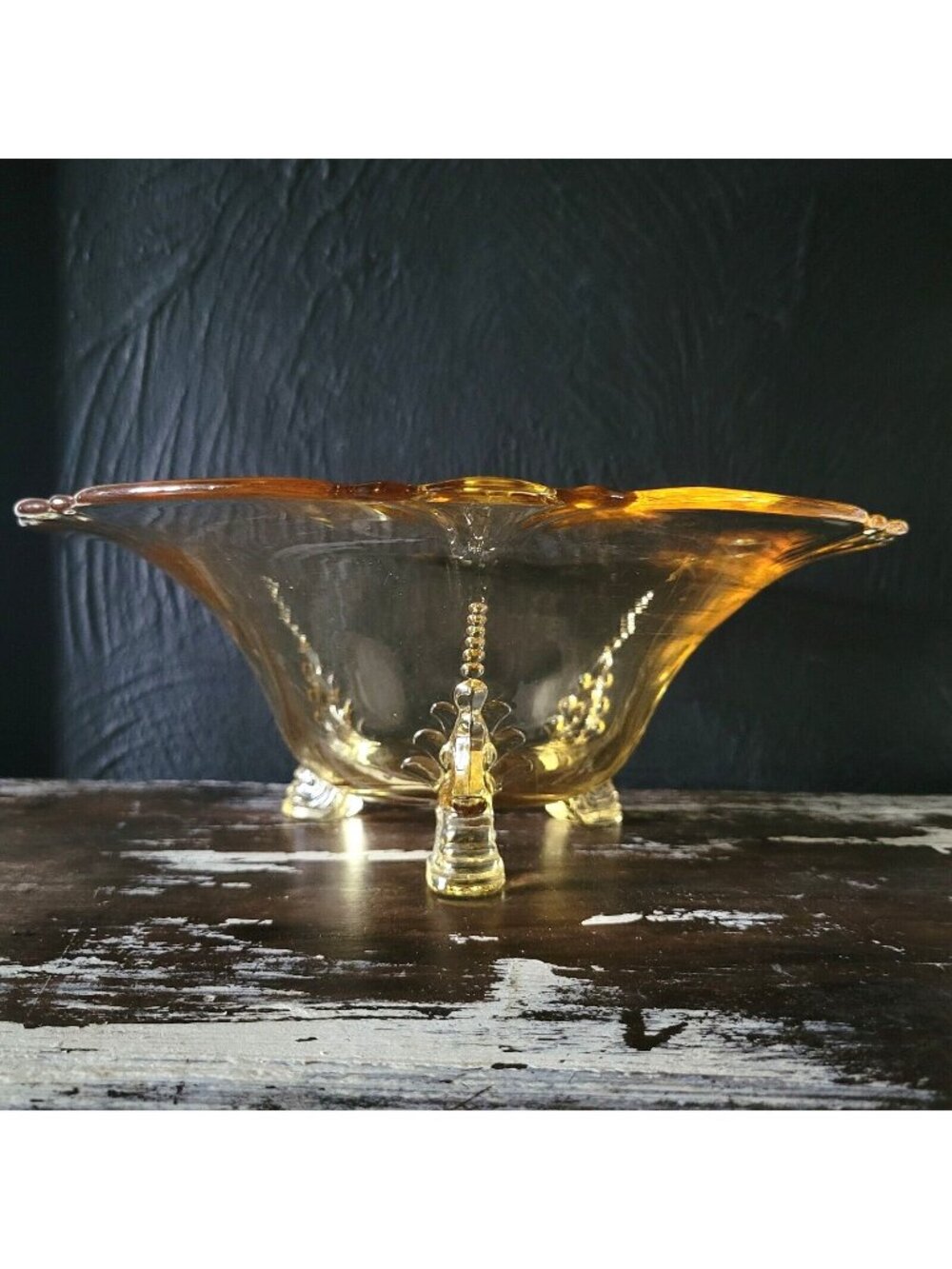 Large Vintage Heisey Empress Sahara Yellow 11" Heraldic Dolphin Footed Bowl